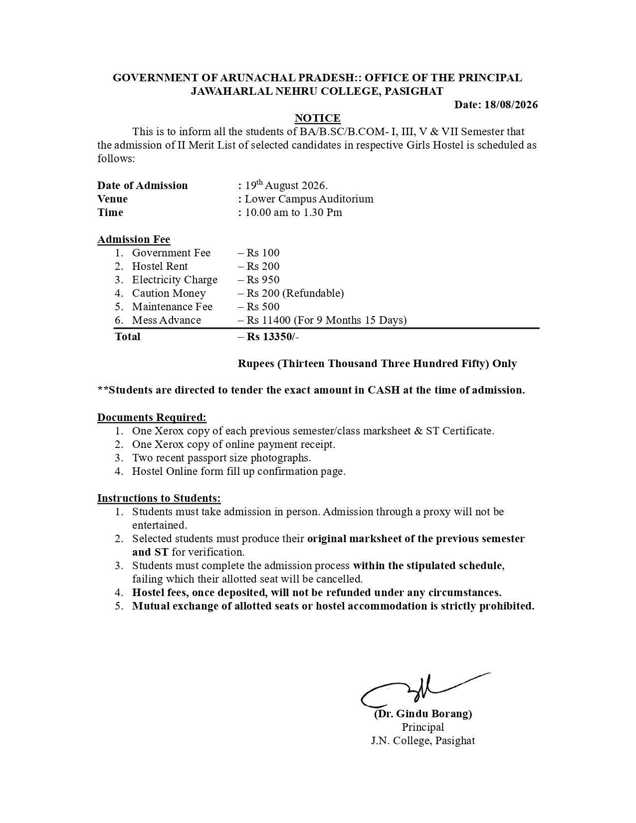 Girls Hostel Admission Merit list