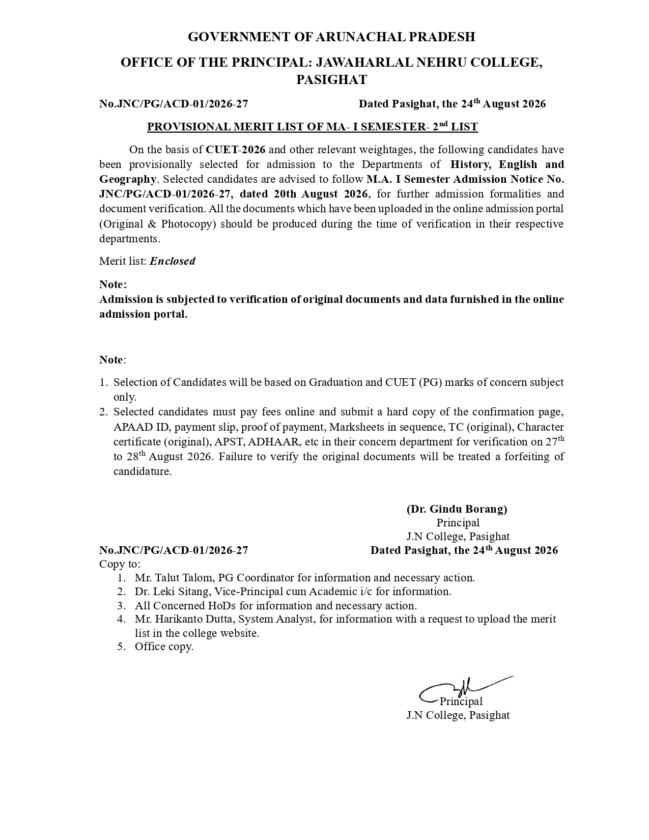 MA I Semester Merit List