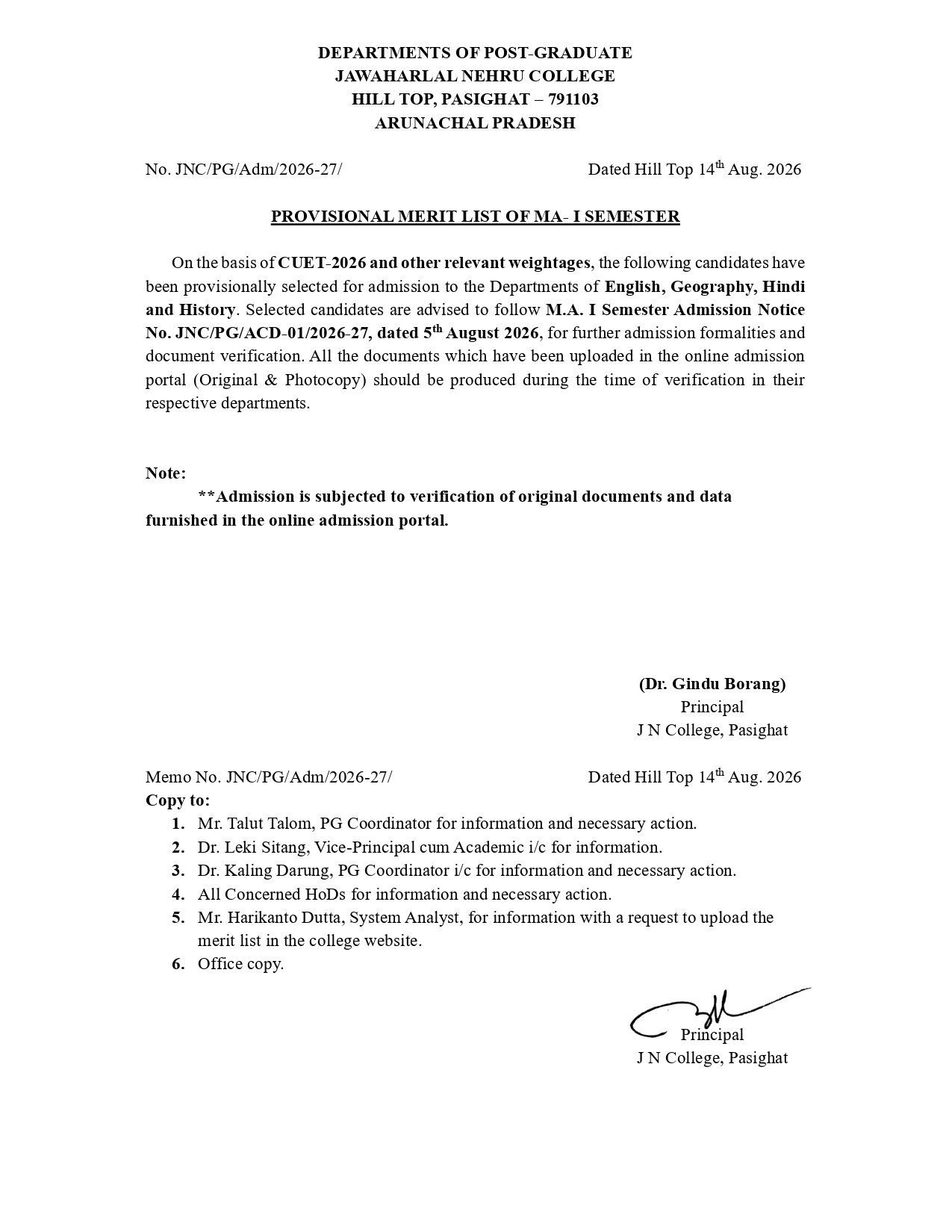 MA I Semester Merit List